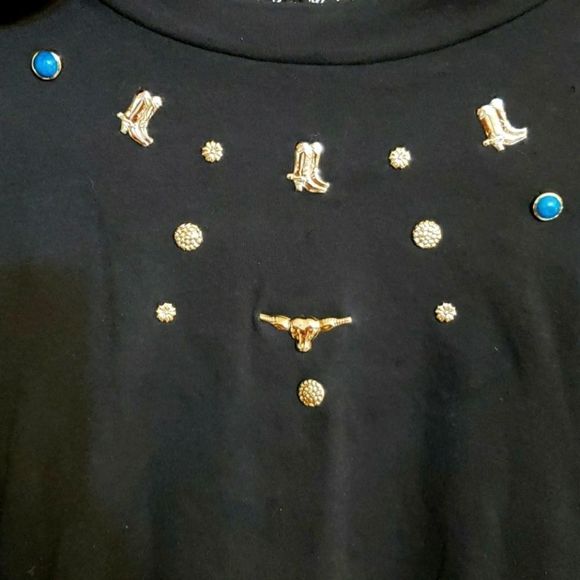 JeanKris Vintage Black Top with Silver and Turquoise Western Charms Blouse - Picture 3 of 5